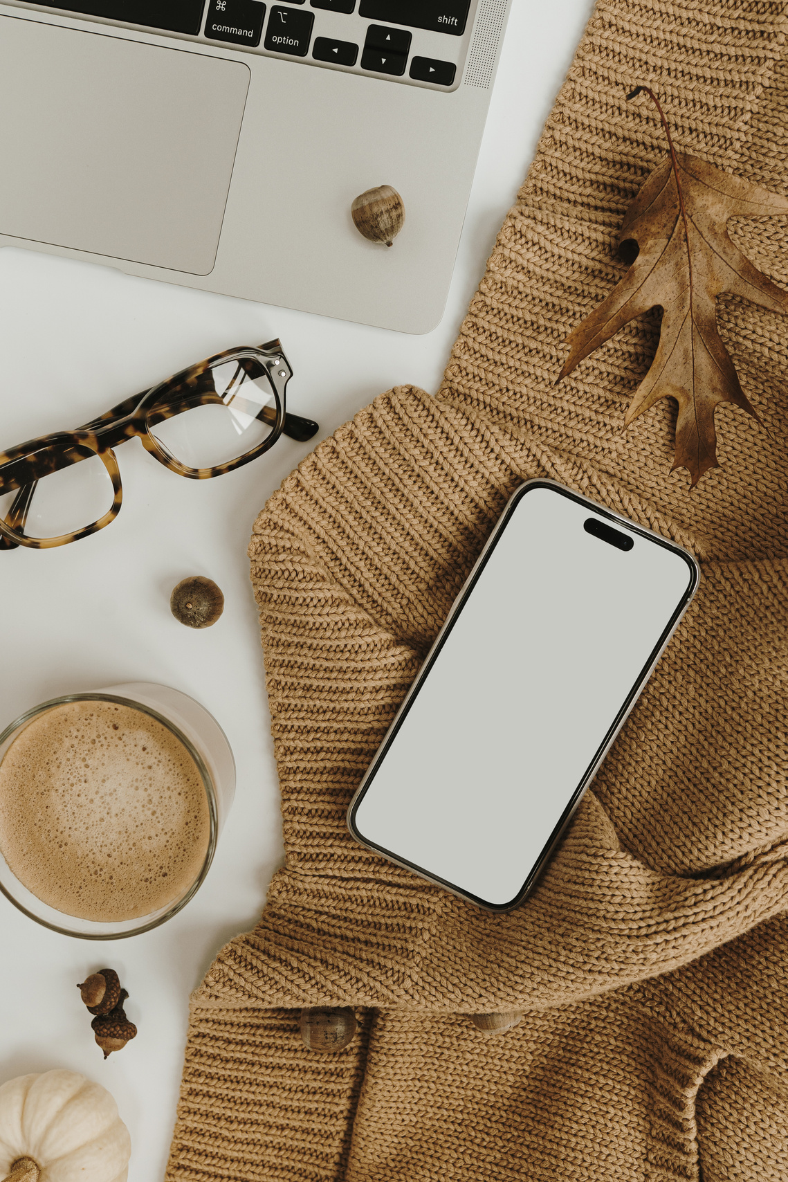 Laptop, Eyeglasses, Coffee, Smartphone, and Cardigan Flatlay